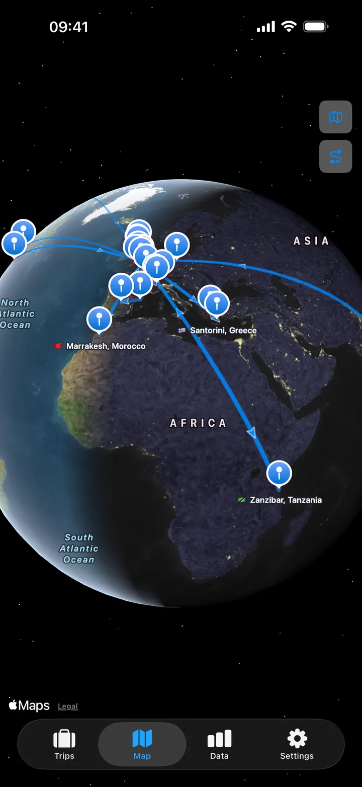 TravelJotter's globe view, showing pins and routes from London to Europe, Morocco, Greece and Zanzibar