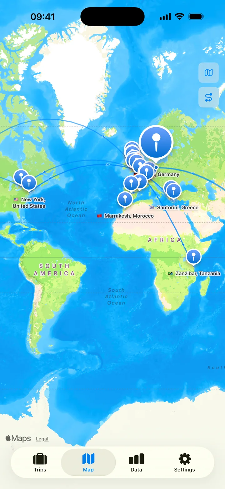 A world map with pins in New York, Western Europe, Morocco, Greece and Tanzania joined by routes