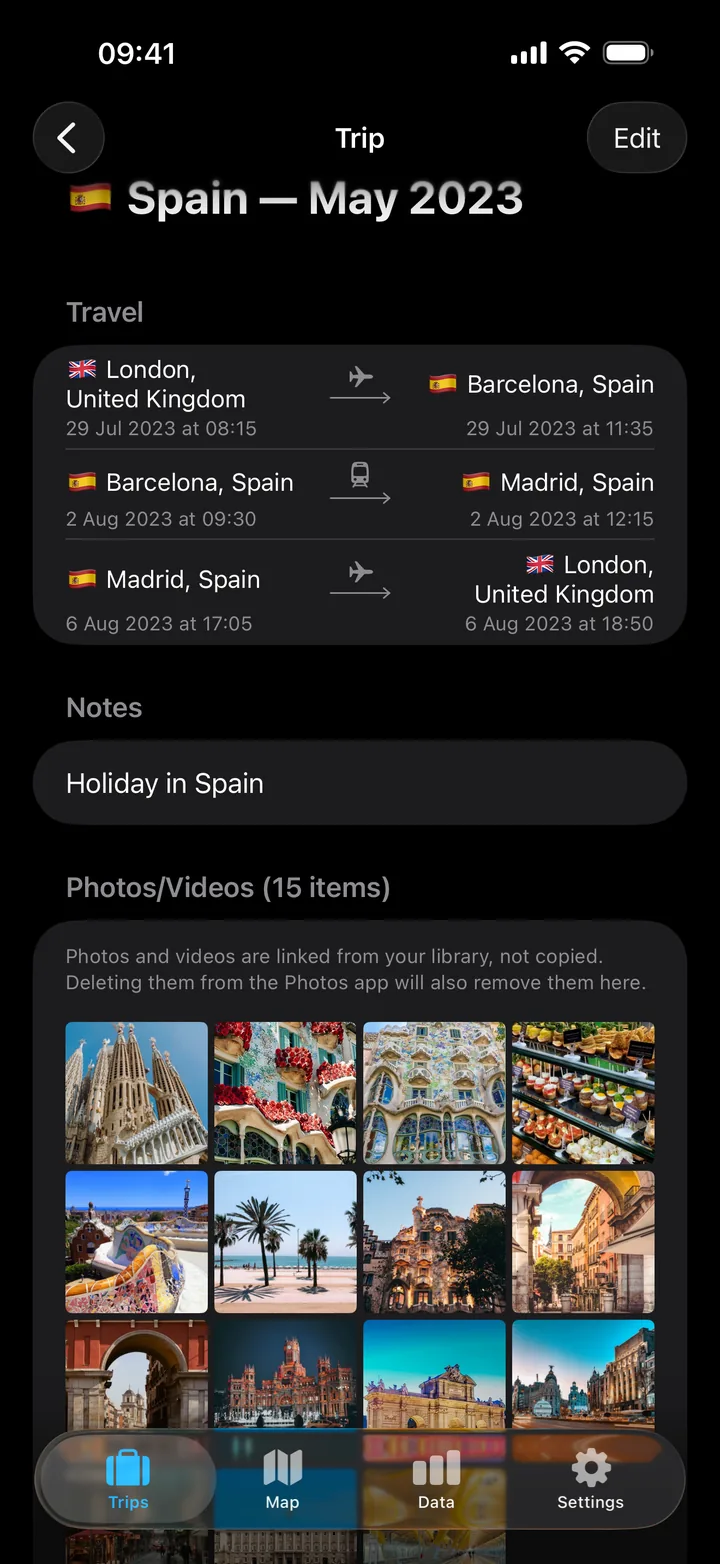 A trip to Barcelona and Madrid in dark mode, with a train leg and a grid of trip photos
