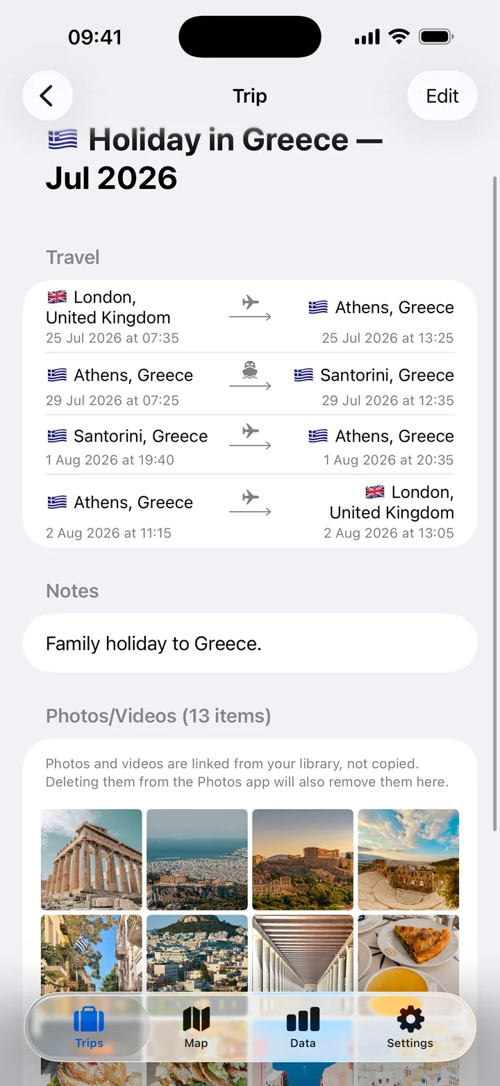 A trip to Greece in TravelJotter: flights from London to Athens, a ferry to Santorini, and flights home, with notes and photos